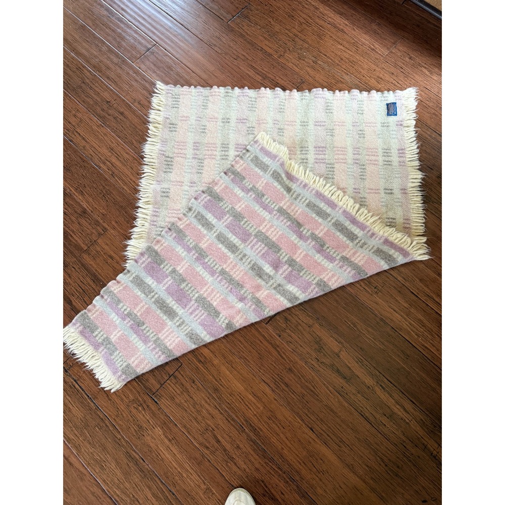 Pendleton Virgin Wool Throw Blanket Pink Purple Plaid Fringe Made in USA Vintage